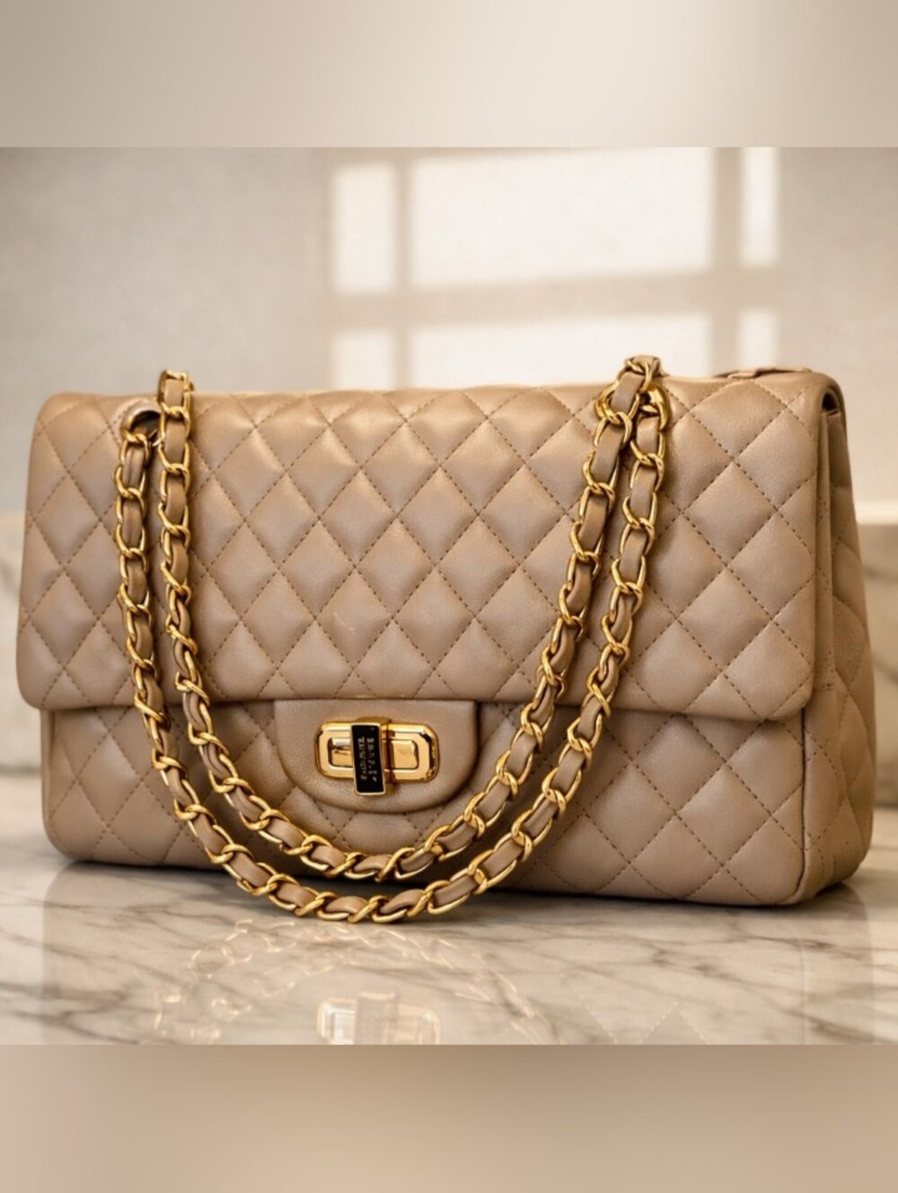 Badgely Mischka Diamond Quilted Taupe Shoulder Bag with Gold Chain Detail
